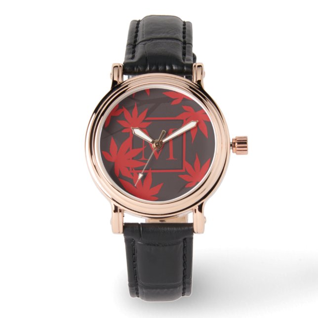 Reloj De Pulsera Monograma moderno hoja de arce roja gris (Anverso)