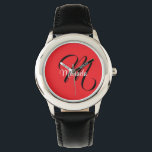 Reloj De Pulsera Monograma moderno minimalista nombre inicial rojo<br><div class="desc">Monograma moderno minimalista nombre inicial blanco negro. Nombre personalizado personalizable con una inicial cursiva detrás en un color rojo.</div>