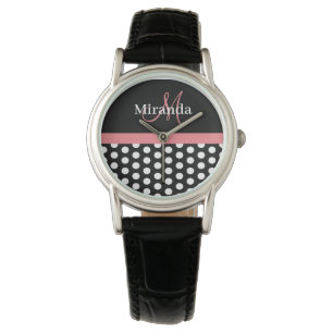 Reloj De Pulsera Monograma negro blanco rosado Polka Dot