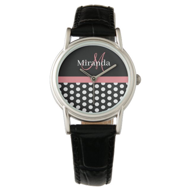 Reloj De Pulsera Monograma negro blanco rosado Polka Dot (Anverso)