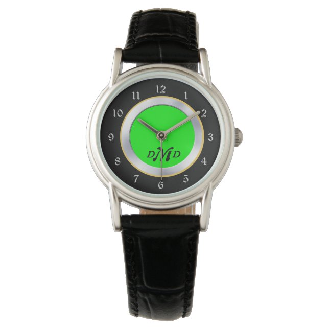 Reloj De Pulsera Monograma negro brillante de plata verde (Anverso)