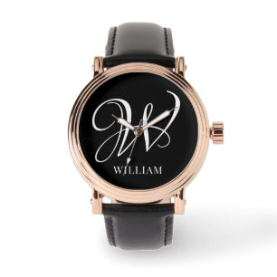 Reloj De Pulsera Monograma negro elegante personalizado inicial
