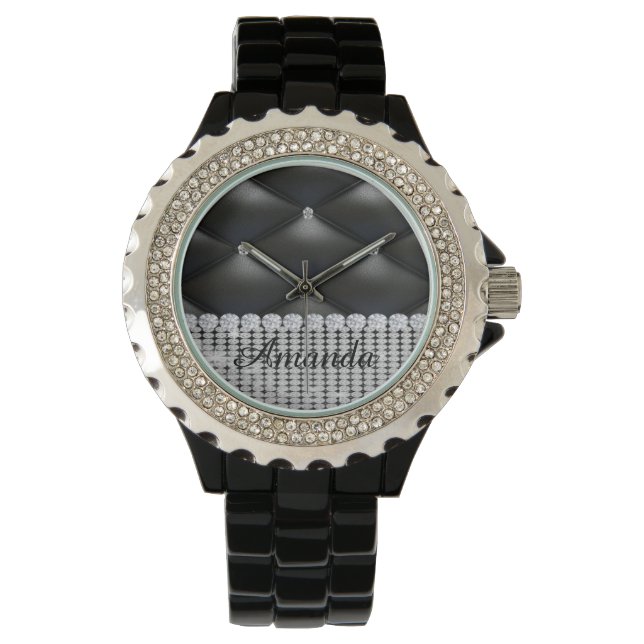 Reloj De Pulsera monograma negro purpurina plateado (Anverso)