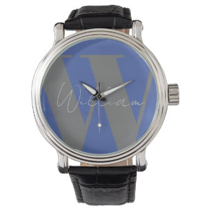 Reloj De Pulsera Monograma nombre azul gris diseño moderno