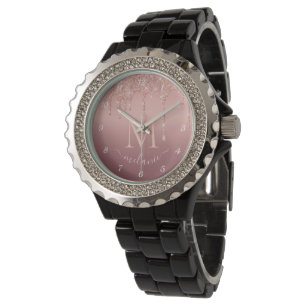 Reloj De Pulsera Monograma Nombre Texto Rosa Oro Purpurina Rubor Sp