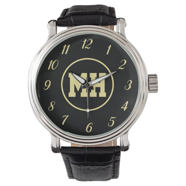 Reloj De Pulsera Monograma Oro Negro Elegante Moderno Inicial (Anverso)
