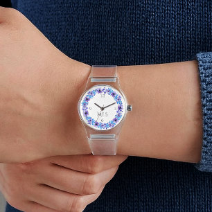 Reloj De Pulsera Monograma, Pensamientos Púrpura y Azul Silicona Tr