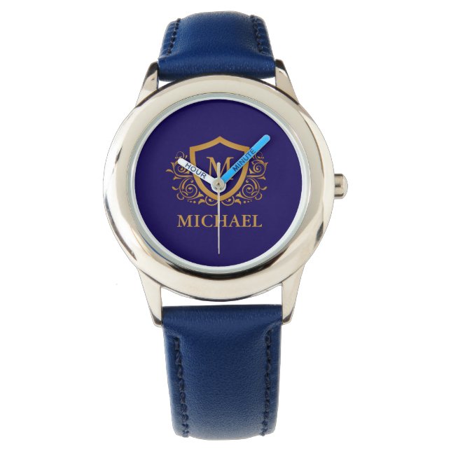 Reloj De Pulsera Monograma personalizado azul marino y oro (Anverso)