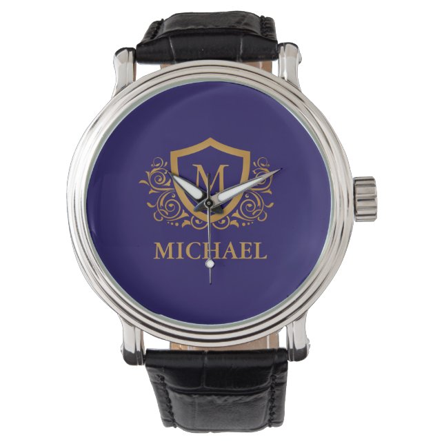 Reloj De Pulsera Monograma personalizado azul marino y oro (Anverso)