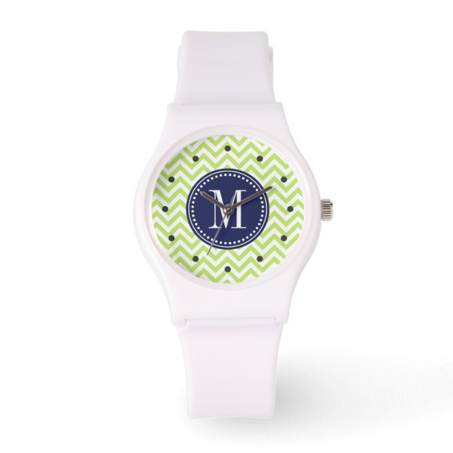 Reloj De Pulsera Monograma personalizado de Chevron Zigzag verde (Anverso)
