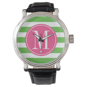 Reloj De Pulsera Monograma Personalizado de franjas rosadas y verde