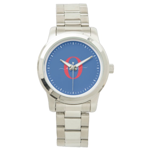 Reloj De Pulsera Monograma personalizado Nombre de guión Azul Blanc (Anverso)