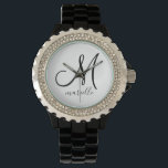 Reloj De Pulsera Monograma personalizado Nombre del guión inicial n<br><div class="desc">Un moderno y elegante monograma personalizado con un nombre en negro inicial y guión. Un reloj elegante para ella; esposa,  hija o nieta.</div>