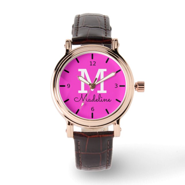Reloj De Pulsera Monograma personalizado rosado (Anverso)