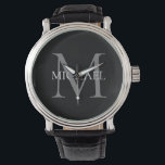 Reloj De Pulsera Monograma personalizado y nombre negro<br><div class="desc">Monograma y Regalos de nombres elegantes personalizados con monograma personalizado en estilo serif clásico con caja de nombres en medio del monograma.</div>