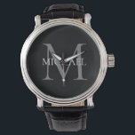 Reloj De Pulsera Monograma personalizado y nombre negro<br><div class="desc">Monograma y Regalos de nombres elegantes personalizados con monograma personalizado en estilo serif clásico con caja de nombres en medio del monograma.</div>