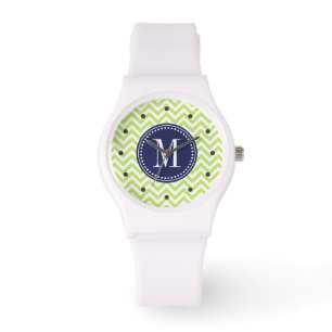 Reloj De Pulsera Monograma personalizado zigzag verde de Chevron