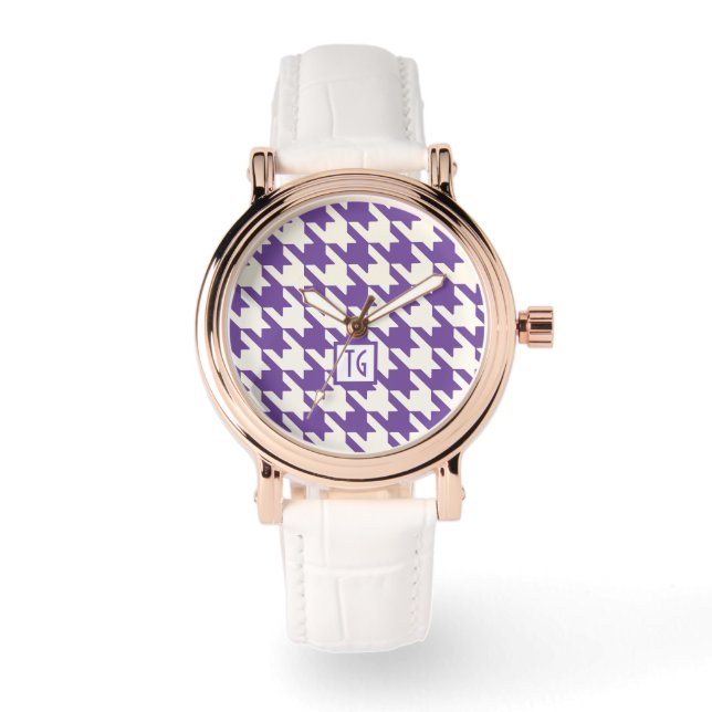 Reloj De Pulsera Monograma púrpura de Houndstoth de Moda Preppy (Anverso)