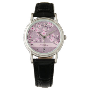 Reloj De Pulsera Monograma Purpurina de cerezos en flor