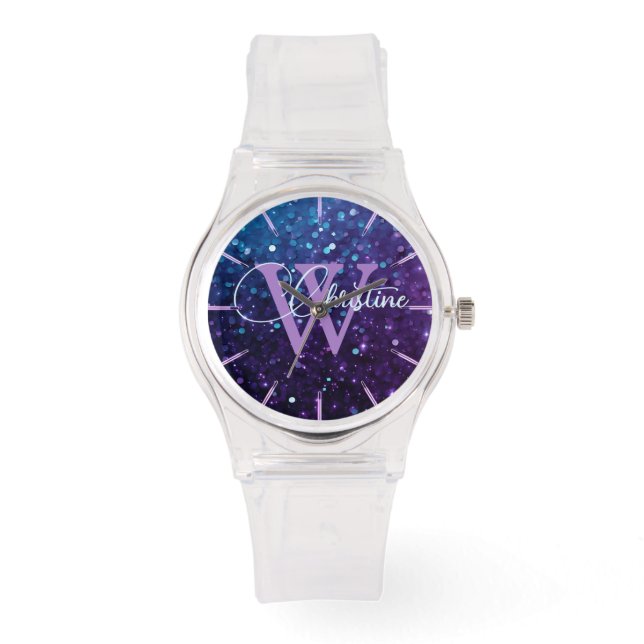 Reloj De Pulsera Monograma Purpurina de gradiente púrpura de moda (Anverso)