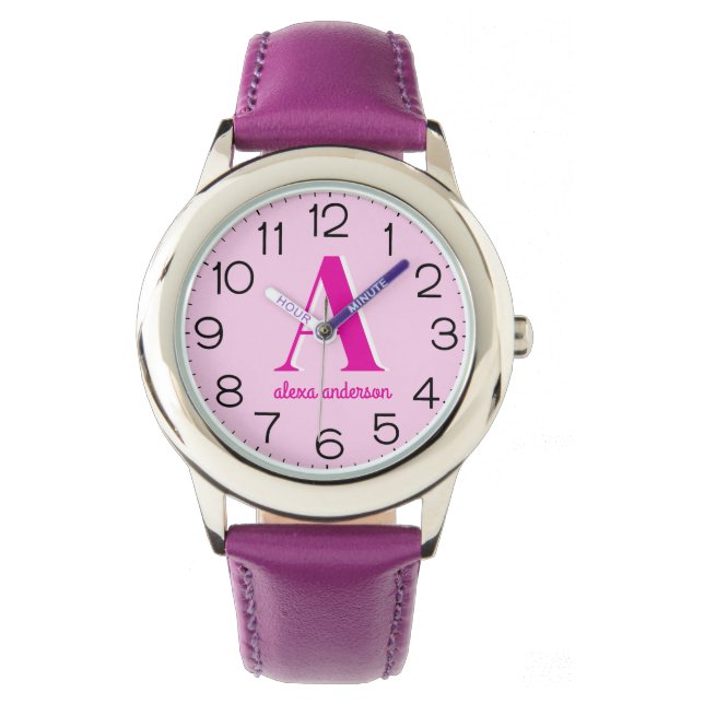 Reloj De Pulsera Monograma retro rosado caliente (Anverso)