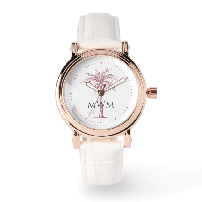 Reloj De Pulsera Monograma Rosa artístico Oro Palm Tree Tropical (Anverso)