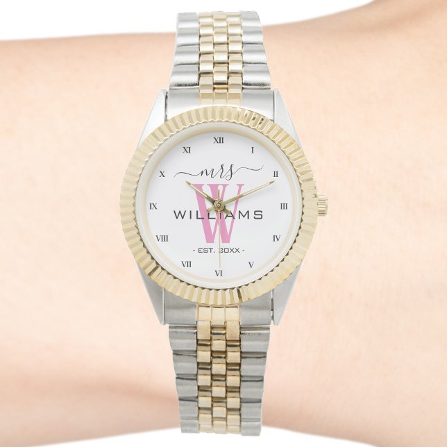Reloj De Pulsera Monograma rosa Esposa novia Novia Boda Aniversario (mrs wife monogram roman numeral two tone watch)