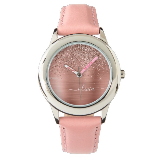 Reloj De Pulsera Monograma Rosa Metalizado de Purpurina rosa dorado (Anverso)