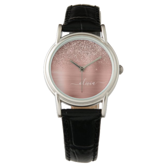 Reloj De Pulsera Monograma Rosa Metalizado de Purpurina rosa dorado (Anverso)