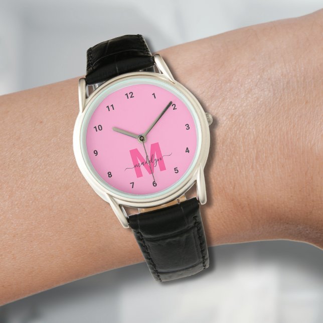 Reloj De Pulsera Monograma rosa Minimalista elegante (Elegant Minimalist Pink Monogram Watch)
