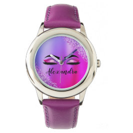 Reloj De Pulsera Monograma rosa morado Purpurina Eyelashes modernos