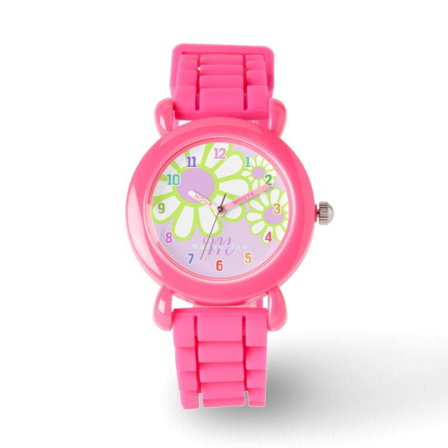 Reloj De Pulsera Monograma rosado simple de margarita (Anverso)