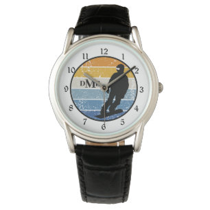 Reloj De Pulsera Monograma silueta Snowboarder Retro