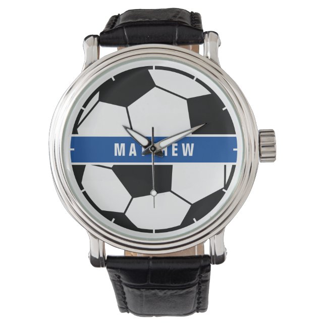 Reloj De Pulsera Monograma simple de fútbol negro y blanco (Anverso)