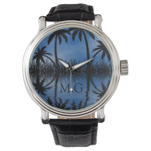 Reloj De Pulsera Monograma tropical de las siluetas crepusculares