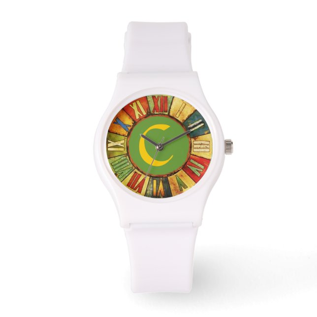 RELOJ DE PULSERA MONOGRAMA VERDE AMARILLO DE TIEMPO COLORIDO (Anverso)