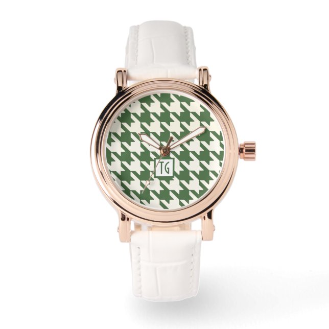Reloj De Pulsera Monograma verde de Houndstoth de Moda Preppy (Anverso)