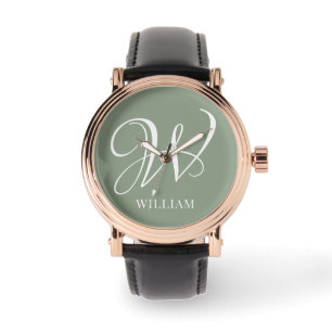 Reloj De Pulsera Monograma verde de sabio personalizado inicial