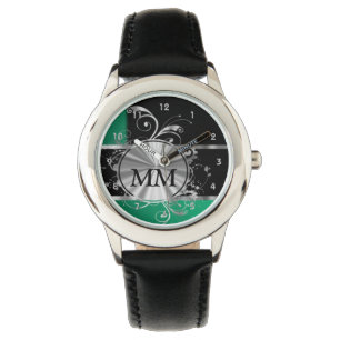 Reloj De Pulsera Monograma verde y de plata en negro