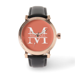 Reloj De Pulsera Monograma y nombre de Terracota Elegante y Persona