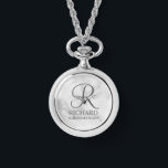 Reloj De Pulsera Monograma y nombre del Groomsman personalizado<br><div class="desc">Elegante Regalos Groomsman Personalizados en Blanco y Negro con un monograma personalizado en estilo de letra de guión elegante en gris con el nombre y título del groomsman en estilo clásico serif sobre fondo de mármol blanco. También perfecto para el mejor hombre, padre de la novia, dama de honor, chica...</div>