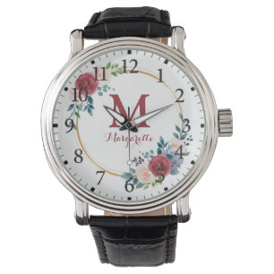 Reloj De Pulsera Monograma y nombre del Rosa de borgoña Personaliza