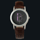 Reloj De Pulsera Monograma y nombre grandes, Lavanda/Texto blanco,<br><div class="desc">Personalice este diseño de texto simple y elegante con su nombre en blanco y su gran monograma en lavanda sobre fondo negro. Haga clic en "Editar usando la herramienta de diseño" para cambiar colores y estilos de tipo.</div>