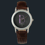 Reloj De Pulsera Monograma y nombre grandes, Lavanda/Texto blanco,<br><div class="desc">Personalice este diseño de texto simple y elegante con su nombre en blanco y su gran monograma en lavanda sobre fondo negro. Haga clic en "Editar usando la herramienta de diseño" para cambiar colores y estilos de tipo.</div>