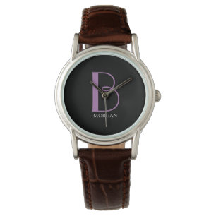 Reloj De Pulsera Monograma y nombre grandes, Lavanda/Texto blanco,