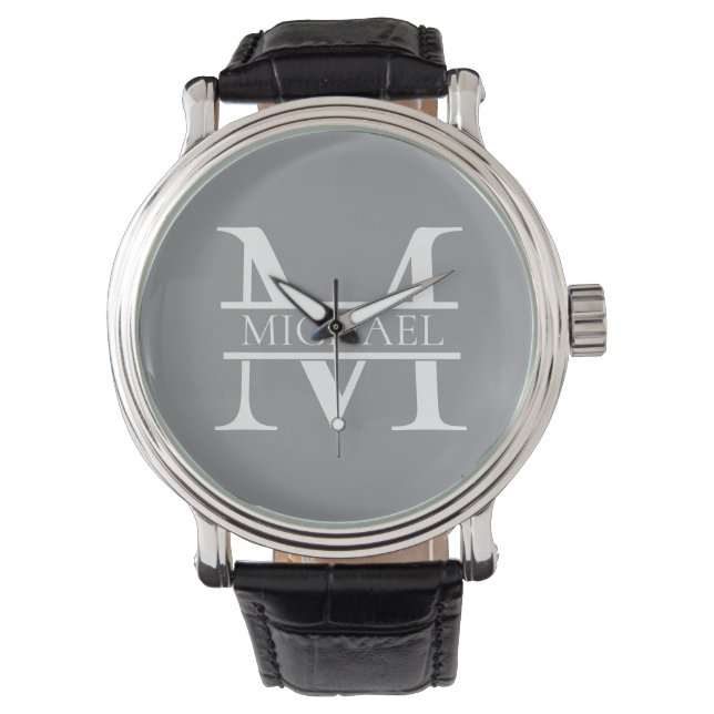 Reloj De Pulsera Monograma y nombre Gris elegante y personalizado (Anverso)
