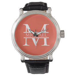 Reloj De Pulsera Monograma y nombre Naranja elegante personalizado