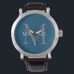 Reloj De Pulsera Monograma y nombre personalizados Océano azul<br><div class="desc">Monograma y Regalos de nombres elegantes personalizados con monograma personalizado en estilo serif clásico con caja de nombres en medio del monograma.</div>