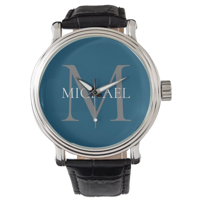 Reloj De Pulsera Monograma y nombre personalizados Océano azul (Anverso)
