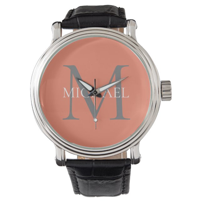 Reloj De Pulsera Monograma y nombre personalizados rosa claro (Anverso)